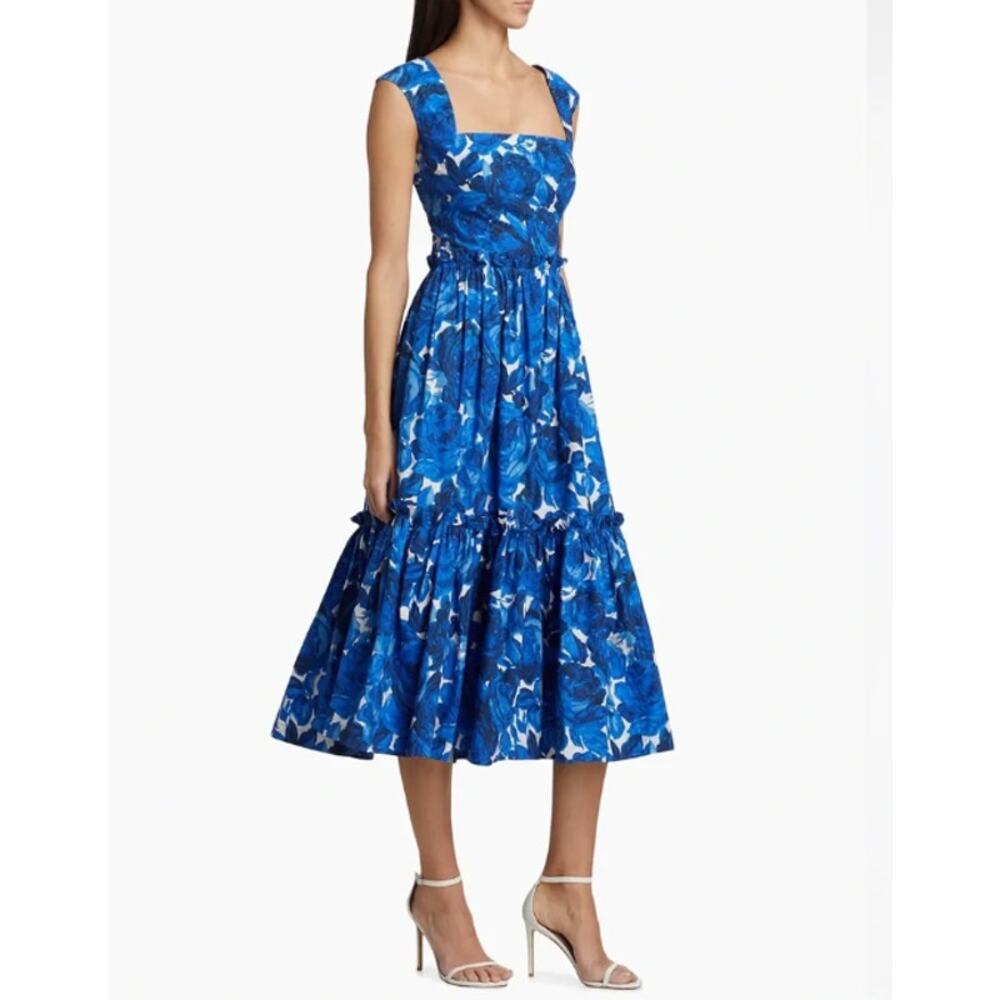 Cara Cara Claire Dress Blue Floral Garden Print Sleeveless Tiered Cotton Sz 14
